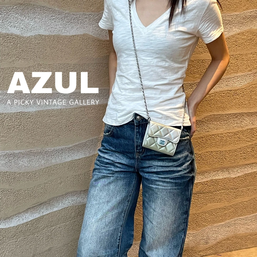 99新 Chanel/香奈儿 Azul-22C幻彩银绿渐变羊皮小废包 41852