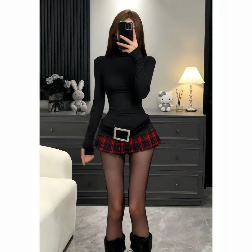 红色格子套装裙2025春秋新款高领长袖打底衫低腰百褶裙两件套