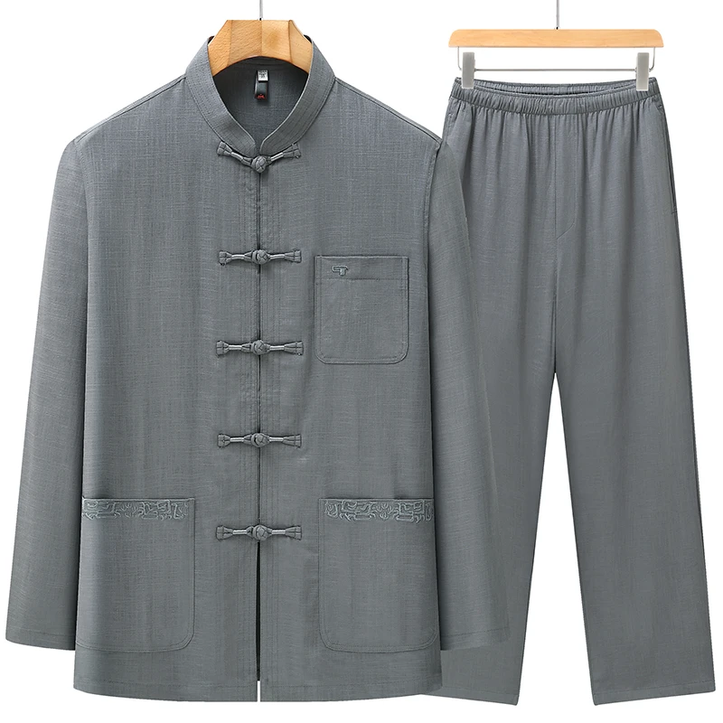 唐装中老年男装爸爸装棉麻长袖套装夏季中国风老人爷爷装中式汉服