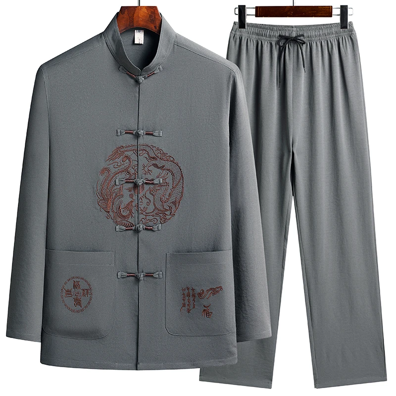 唐装男中老年爸爸装春秋款薄款长袖棉麻套装宽松版爷爷老年人衣服