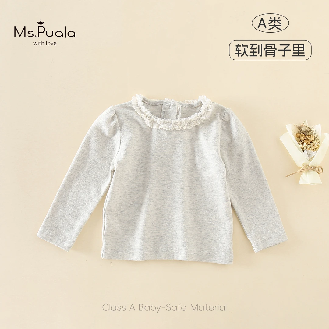 【Ms.Puala灰小软】婴幼童女宝宝长袖T恤秋季蕾丝圆领套头衫打底衫