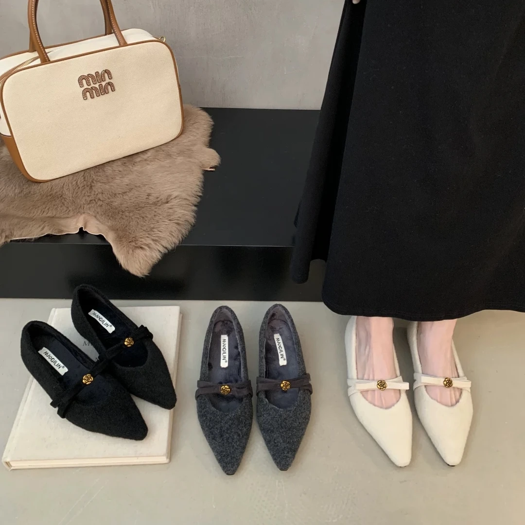 山茶花玛丽珍高跟鞋内增高加外粗跟黑色毛毛鞋冬新款加绒棉鞋单鞋