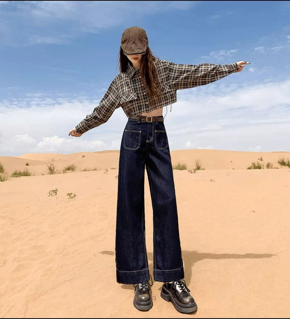 秋冬新款丹宁色百搭爆款高腰直筒阔腿牛仔裤89152