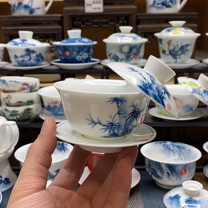 手绘微瑕竹子盖碗