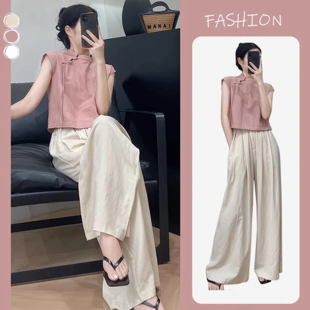 新中式国风粉色旗袍衬衫女夏季2025年新款无袖上衣设计感小众套装