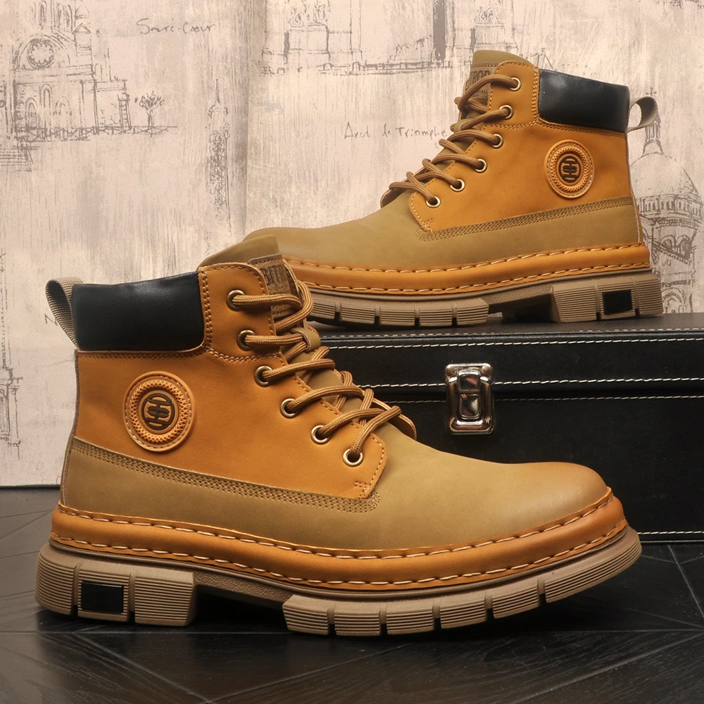 新款男士拼色真皮马丁靴中筒户外工装潮靴子时尚休闲短靴子内增高