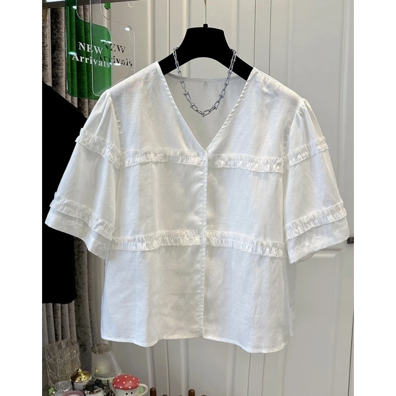 时尚高级感黑色V领木耳边拼接短袖雪纺衫女开衫宽松短款上衣夏季