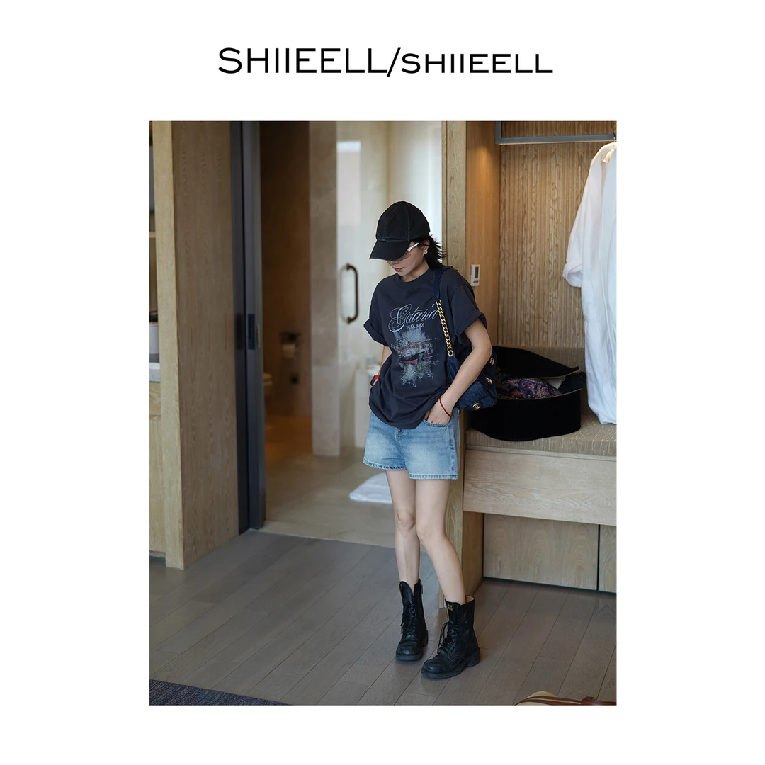 SHIIEELL夏季洋气舒适透气水洗做旧趣味印花棉质廓形女士T恤W1955