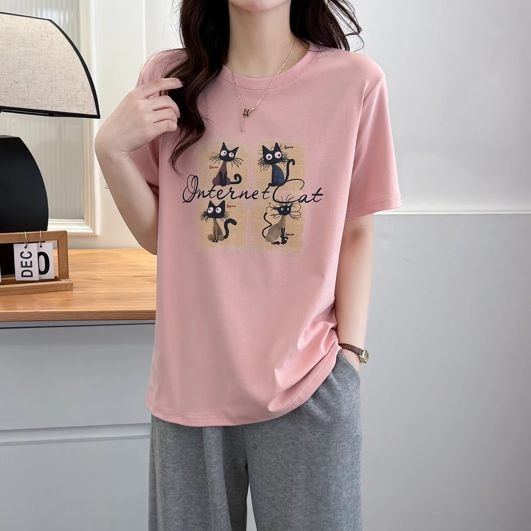 大码女装夏季打底夏装圆领通勤常规T恤猫咪宽松型短袖时尚休闲