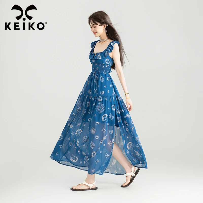 KEIKO 法式复古印花雪纺连衣裙25夏季海边度假方领显瘦露背长裙子