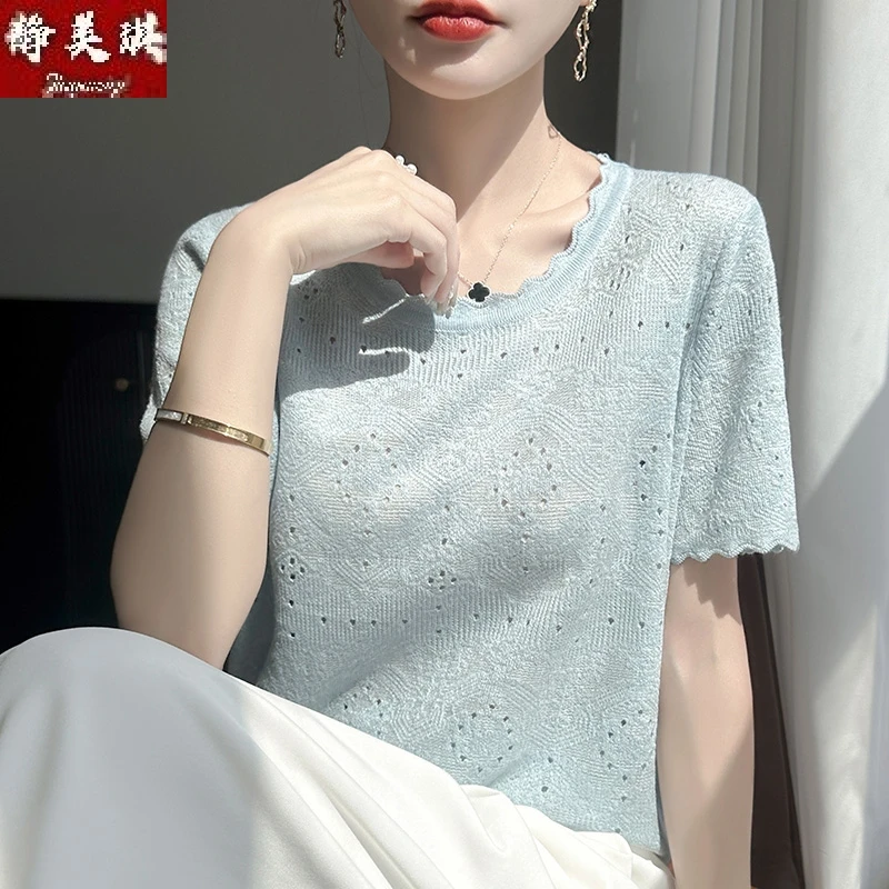 清新显白花边圆领针织短袖女镂空桃孔设计感正肩半袖夏薄T恤上衣