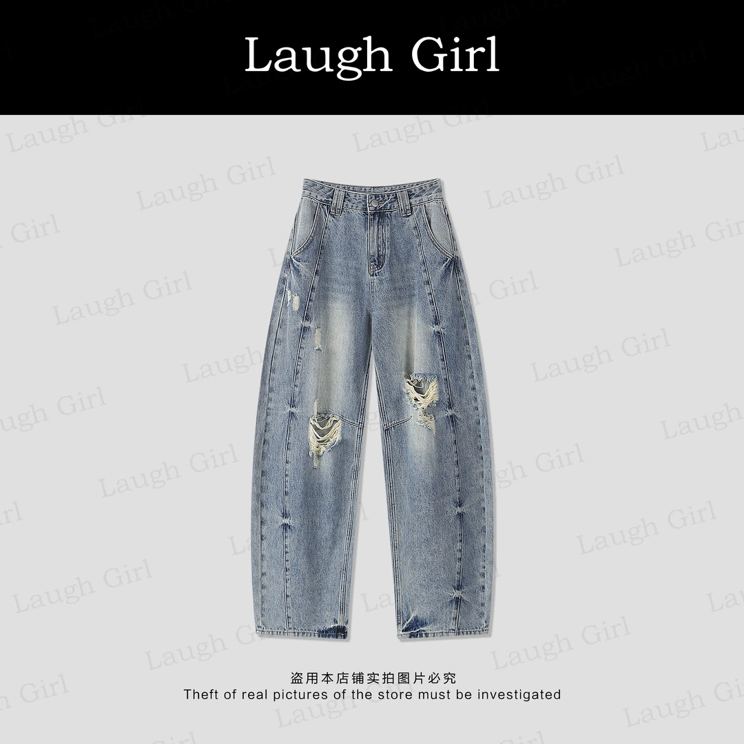 楚楚君 Laugh girl【蓝调时刻】高腰复古破洞线条牛仔裤KL53280J