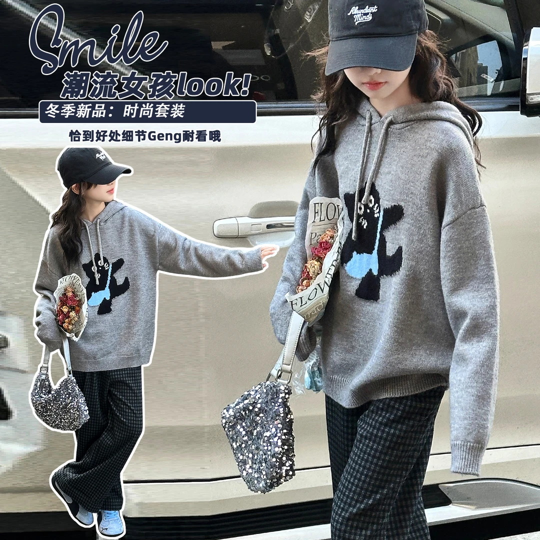女童秋冬季套装韩系连帽毛衣时尚女孩中大童学生装休闲潮流两件套