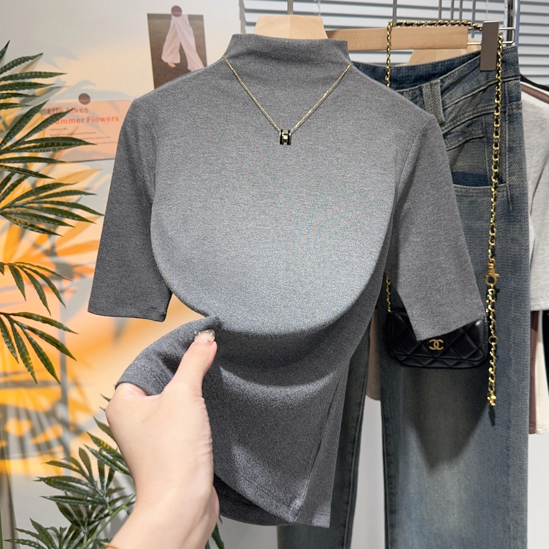 正肩灰色半高领中袖t恤女2025早秋内搭螺纹针织打底衫五分袖上衣