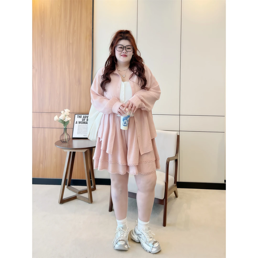 断码捡漏~野莓气泡 / 气泡感希音条衬衫+短裤套装14448花契大码