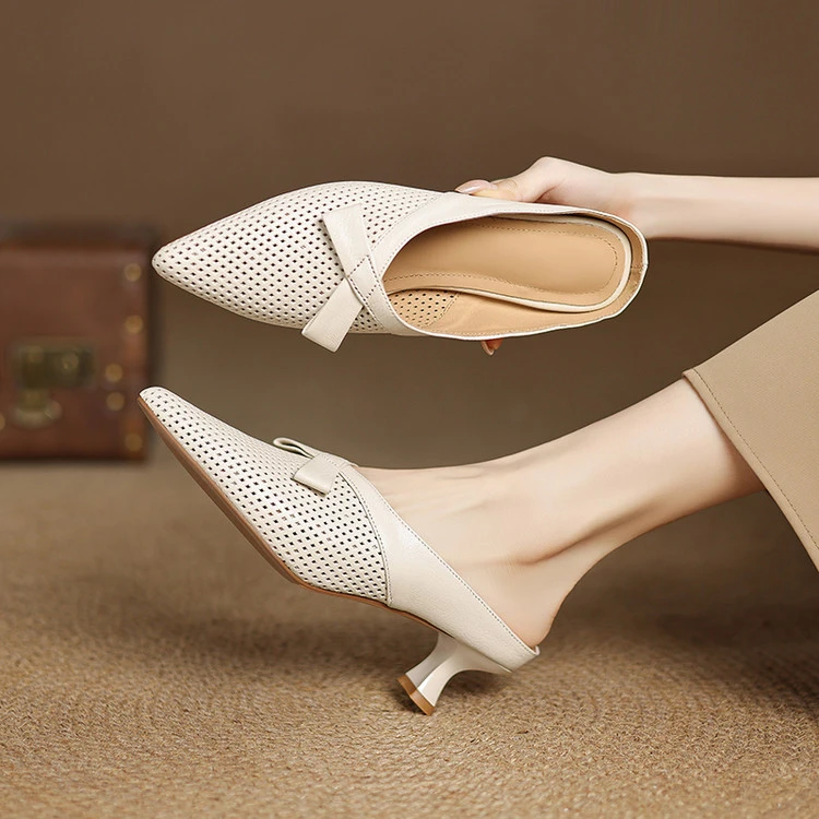 头层羊皮~5cm夏季新款包头拖鞋真皮镂空透气法式半拖复古软底高跟