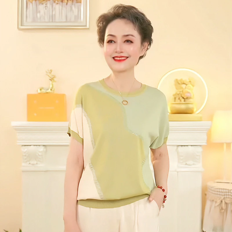 夏季新款时尚圆领条纹短袖气质显瘦妈妈装减龄夏装中老年女套装