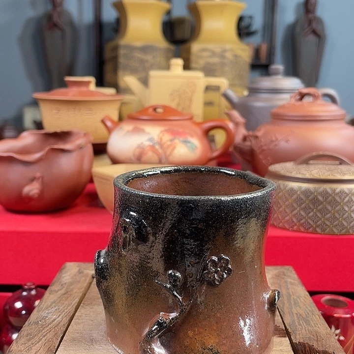 紫砂茶杯全手梅桩柴烧杯