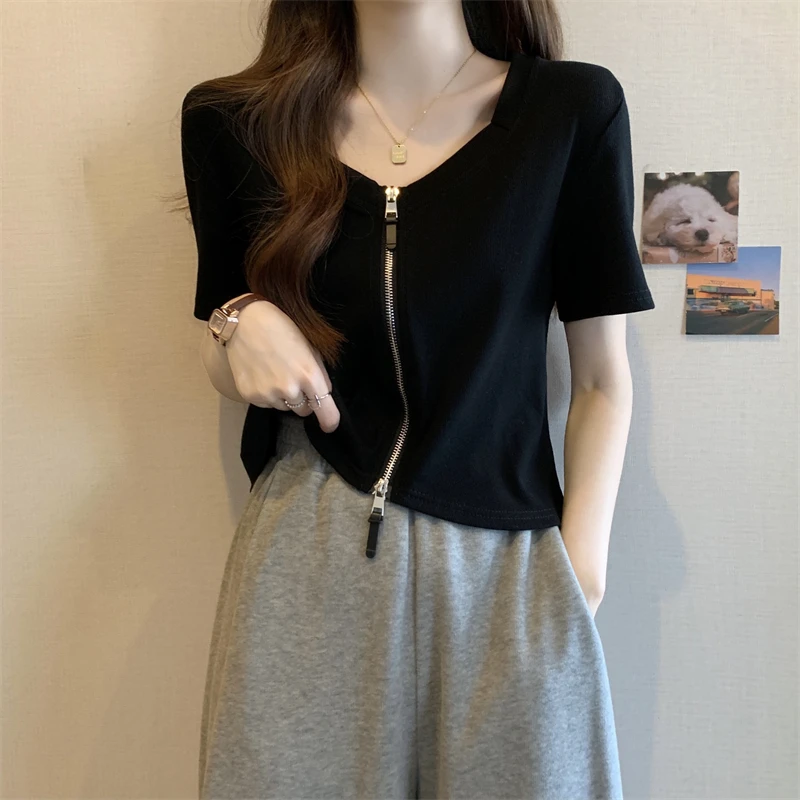 大码女装遮肚子双拉链正肩短袖打底衫夏季胖妹妹百搭显瘦短款上衣