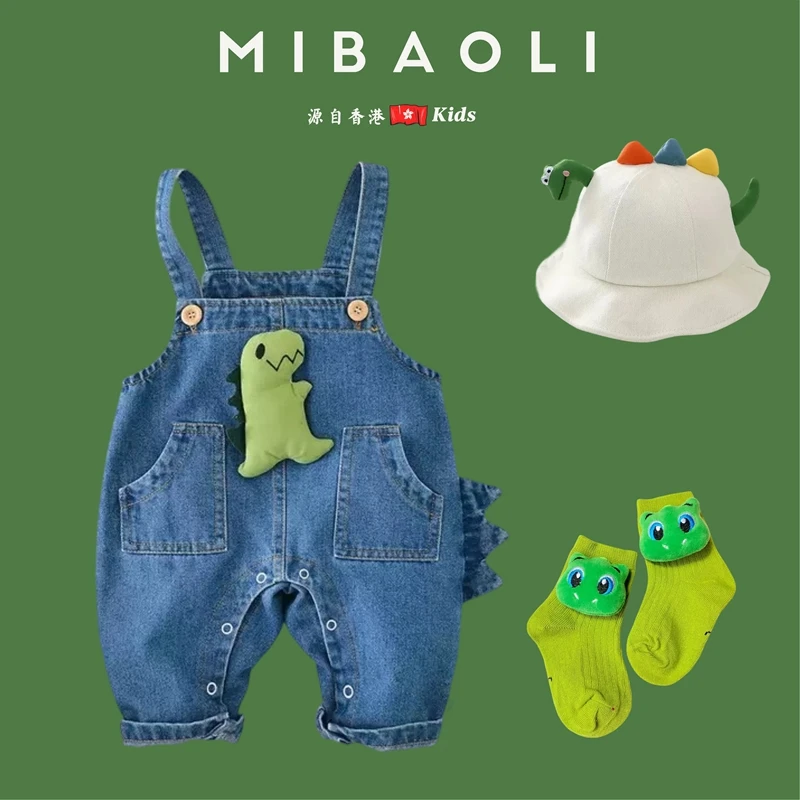 香港婴儿牛仔背带裤春季宝宝小恐龙连身裤-男女宝宝满月服装男宝