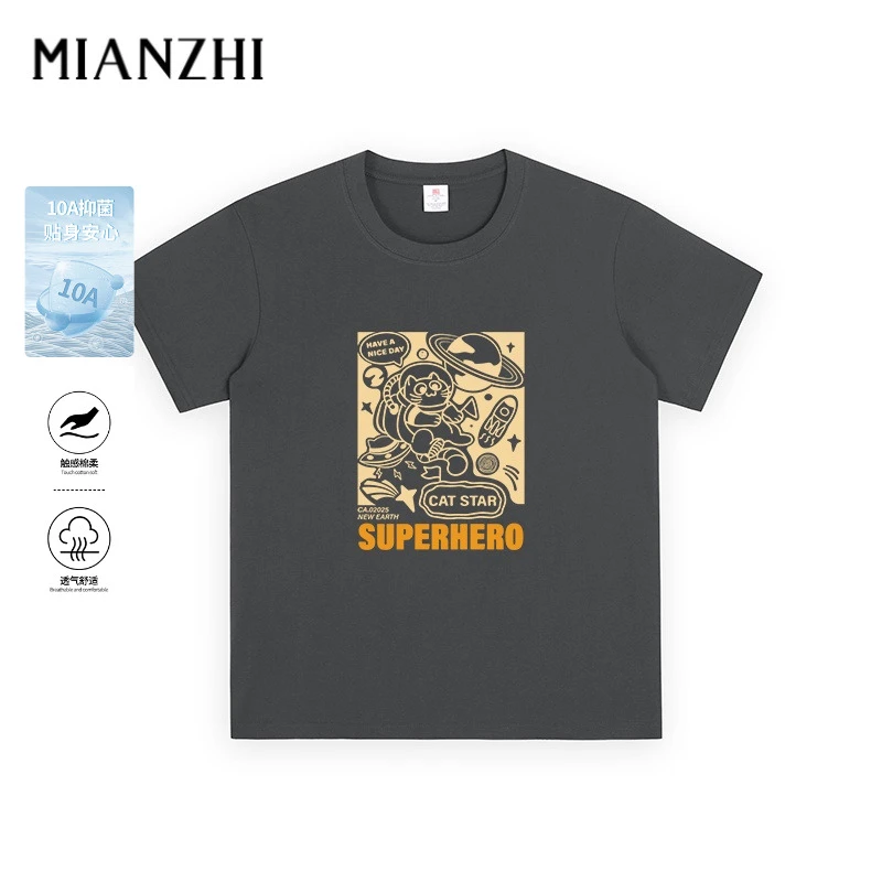 【棉致】男士夏季纯棉半袖T恤情侣款太空猫印花圆领时尚春夏短袖T恤