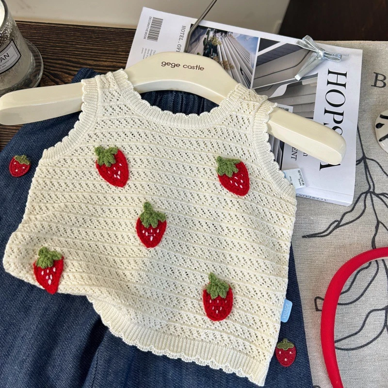 韩版童装2025 新款夏季女童草莓针织背心儿童草莓牛仔裤两件套潮