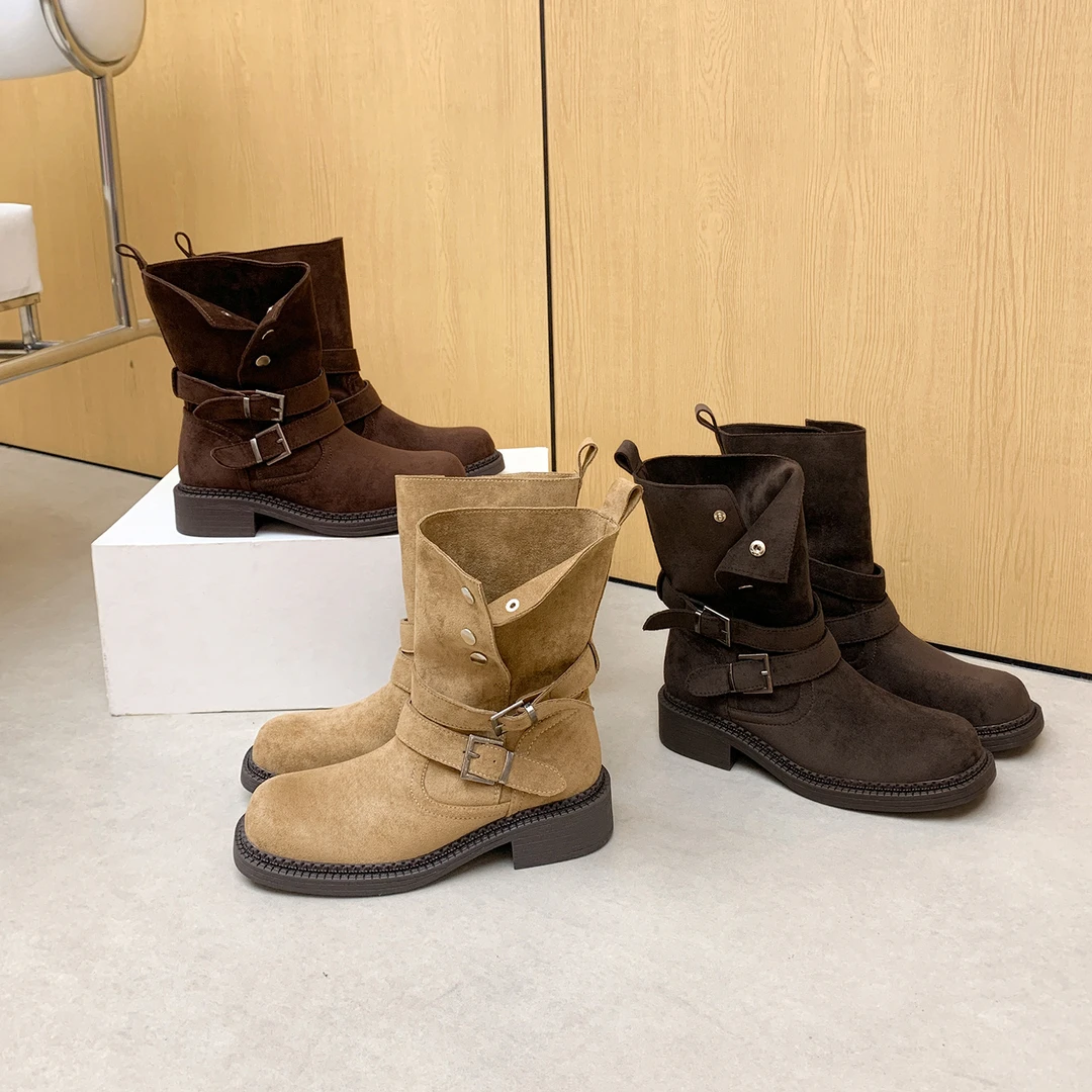 增高5.5cm~ 美拉德粗跟厚底扣带牛反绒高跟短筒靴2025女秋马丁靴