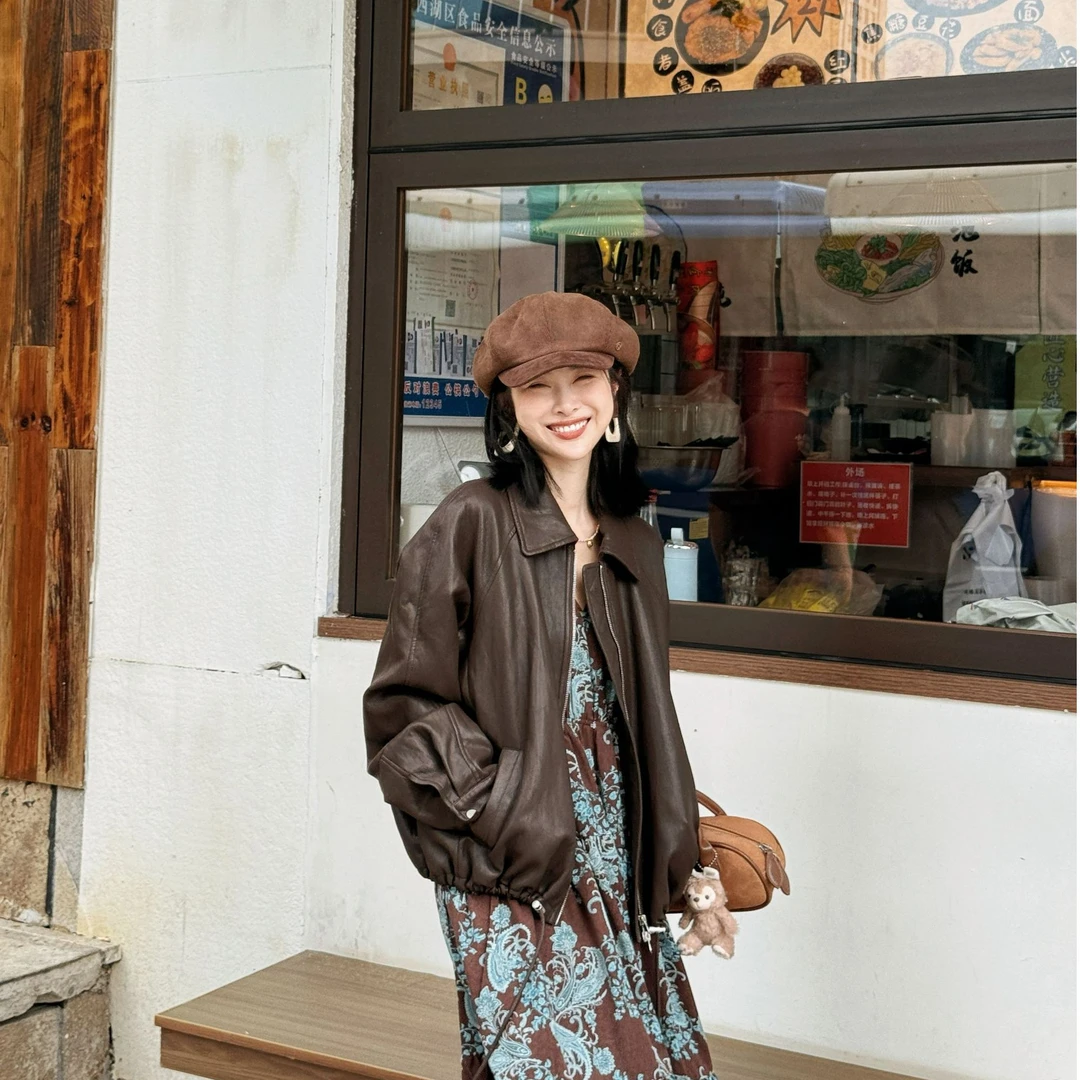 秋季韩版宽松型百搭口袋休闲夹克皮衣复古翻领长袖外套女