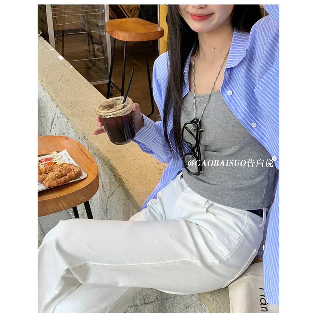 初秋白色牛仔裤窄版高腰老钱风松弛感女装极简ins韩系时尚气质裤