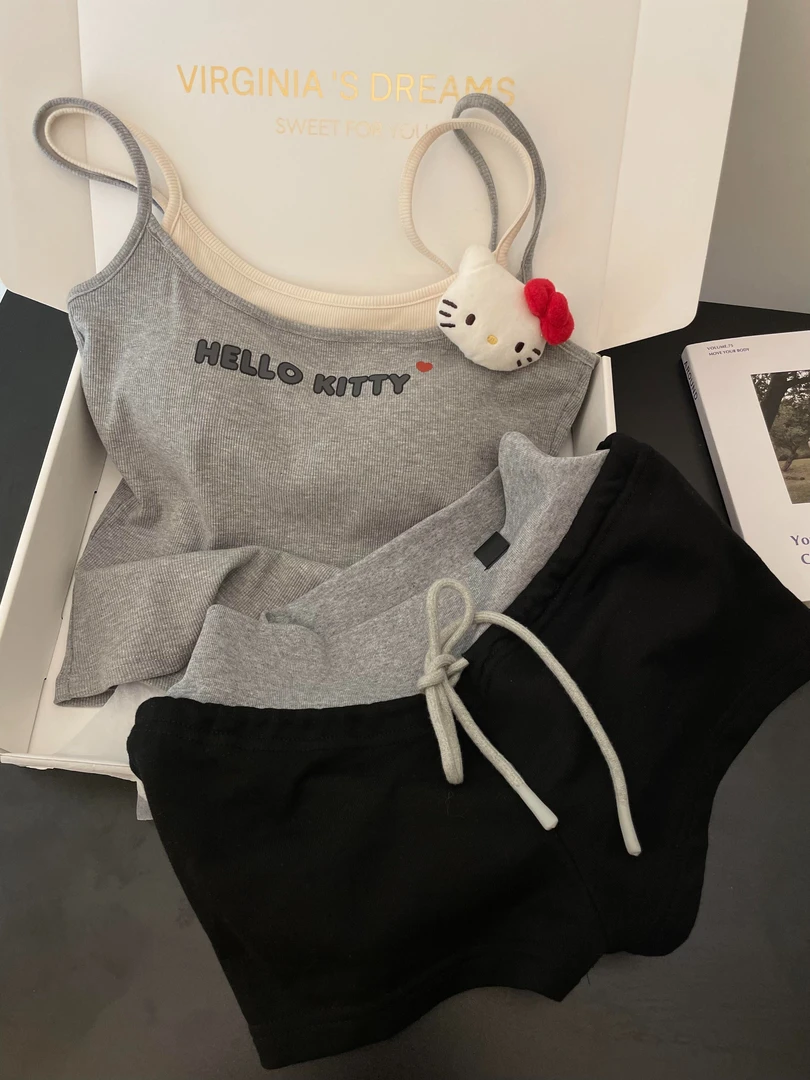 韩系ins吊带睡衣女夏季薄款莫代尔带胸垫甜美卡通kitty家居服套装