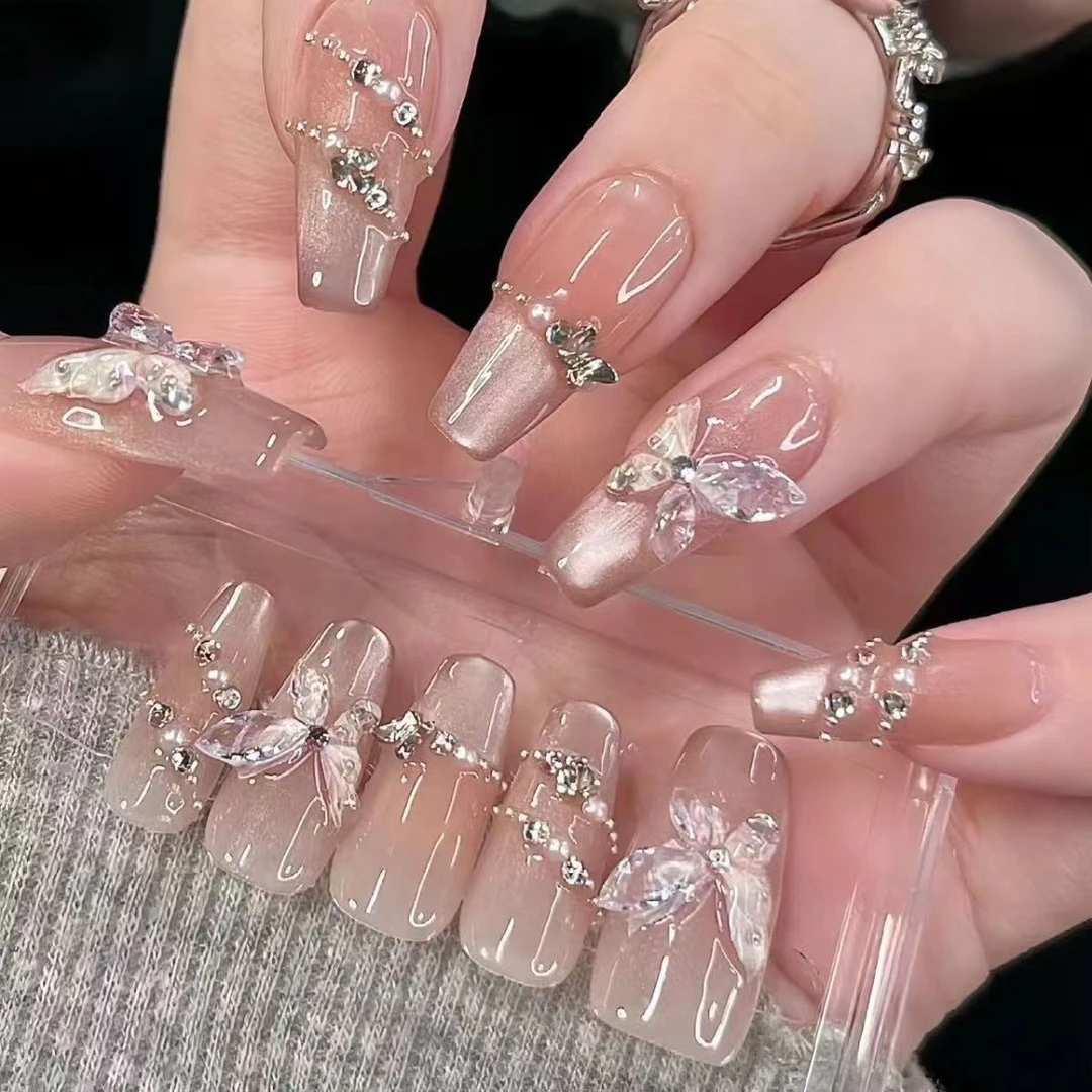 纯手工高级猫眼立体爆闪蝴蝶温柔腮红美甲玻璃珠显白贴片穿戴指甲