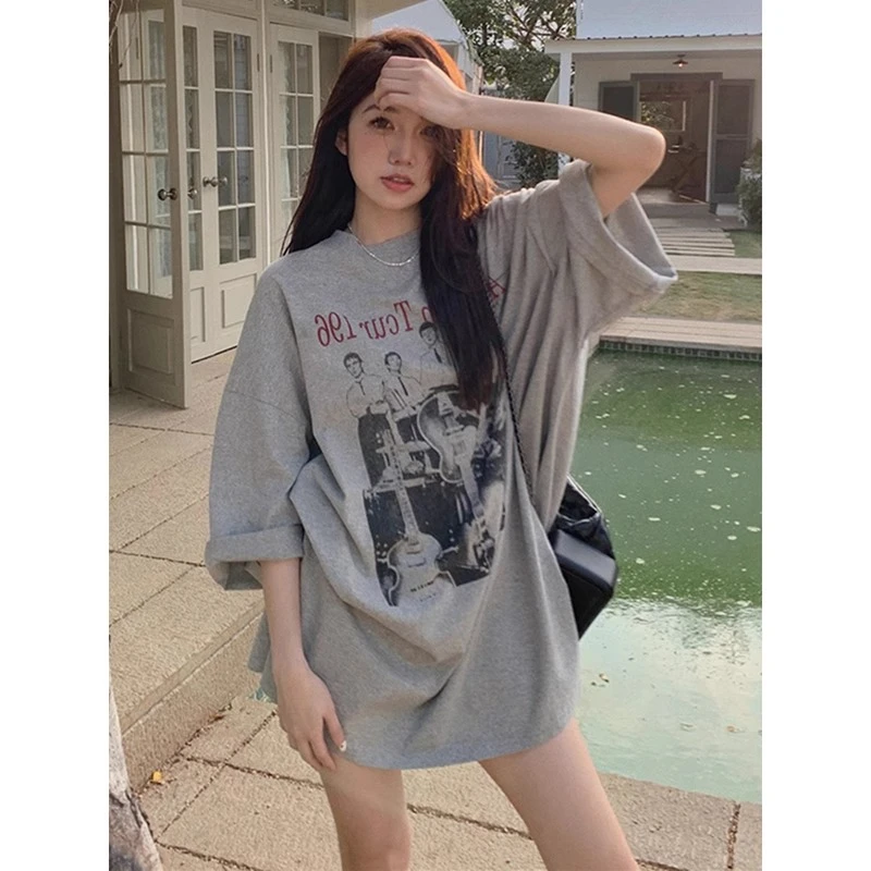 美式宽松短袖T恤女2025年夏季复古中长款遮臀设计感休闲百搭上衣