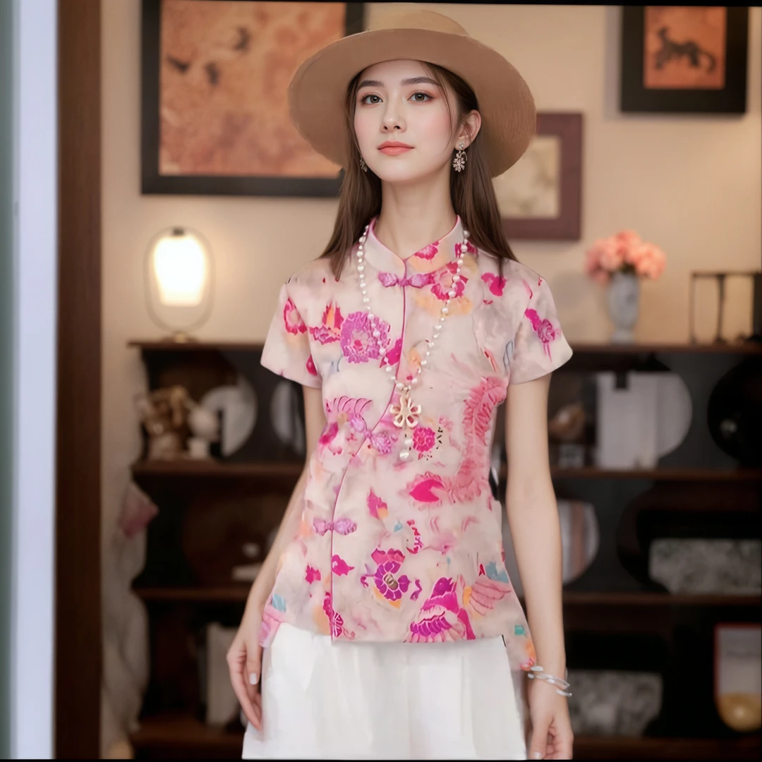 新中式百搭休闲国风提花复古减龄气质优雅衬衫短袖女2025新款夏季