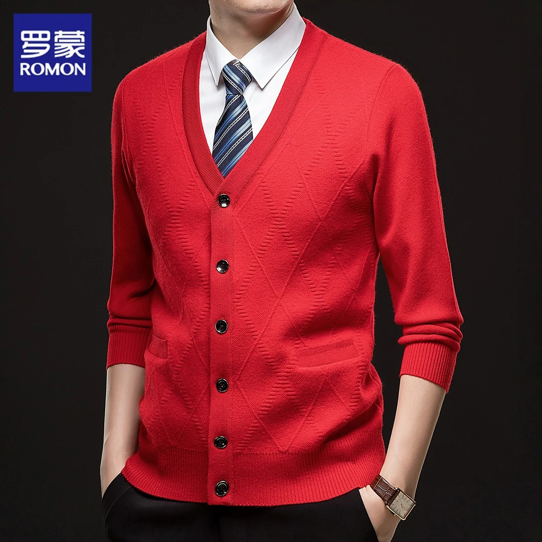 罗蒙开衫毛衣男士秋冬季新款商务休闲提花线衣百搭v领针织外套男