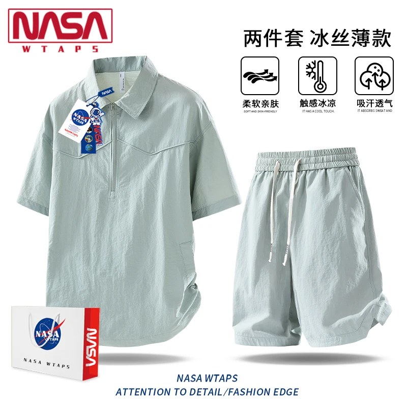 NASA WTAPS速干短袖t恤男款夏季新款半拉链翻领上衣一整套穿搭潮