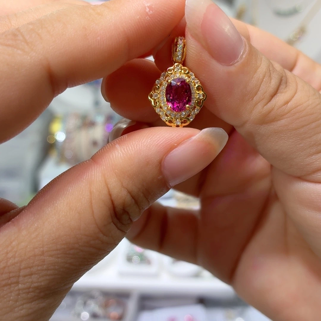 颈饰银S925镀金镶嵌红色碧玺