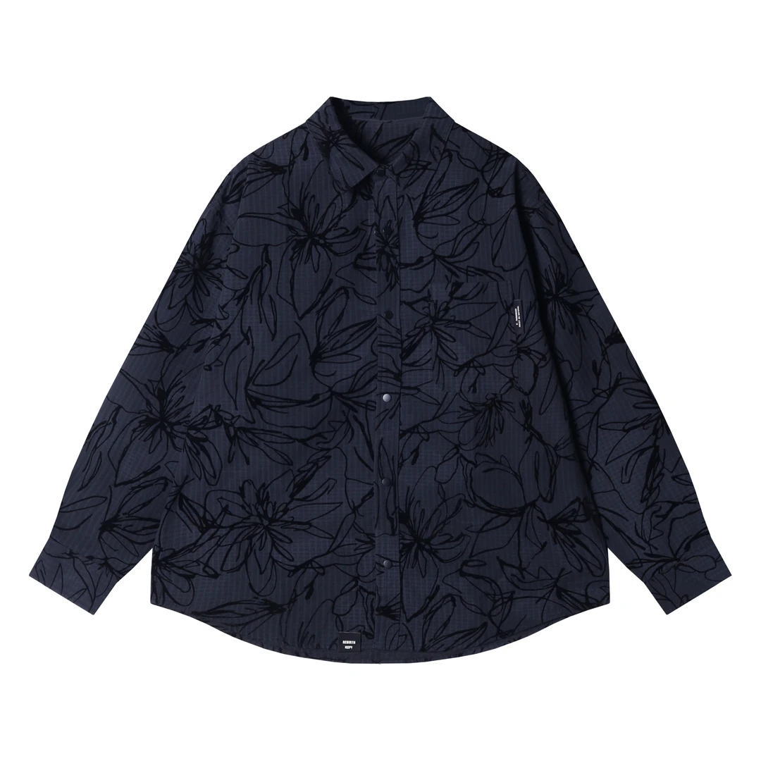 早春新款时尚个性韩版撞色凌乱印花长袖衬衫情侣百搭简约上衣