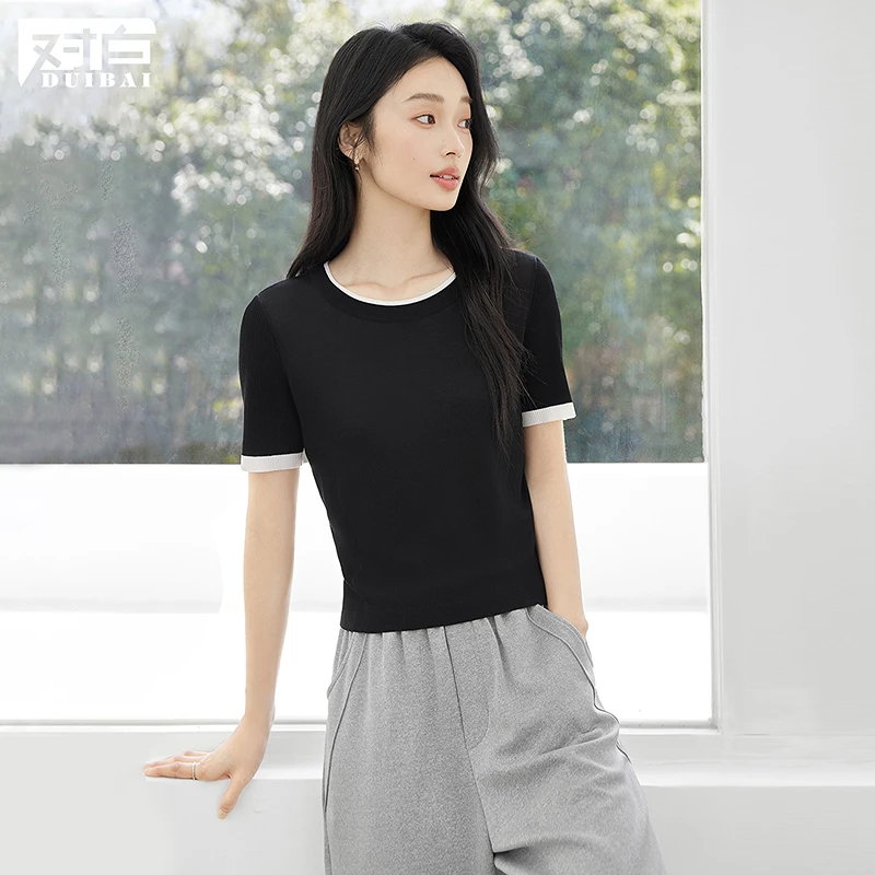 【老徐专属】D01对白高级感撞色圆领短袖针织衫女套头上衣FDO021