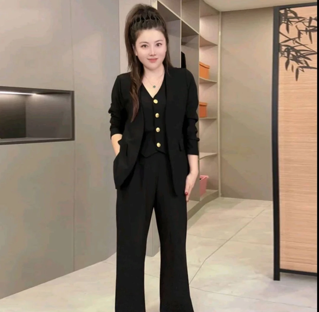 【洋洋】2025春季新款时尚洋气显瘦气质假两件＋裤子优雅大方套装