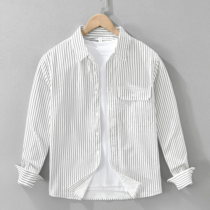 日系简约条纹长袖衬衫新款男士百搭文艺休闲宽松上衣一件代发