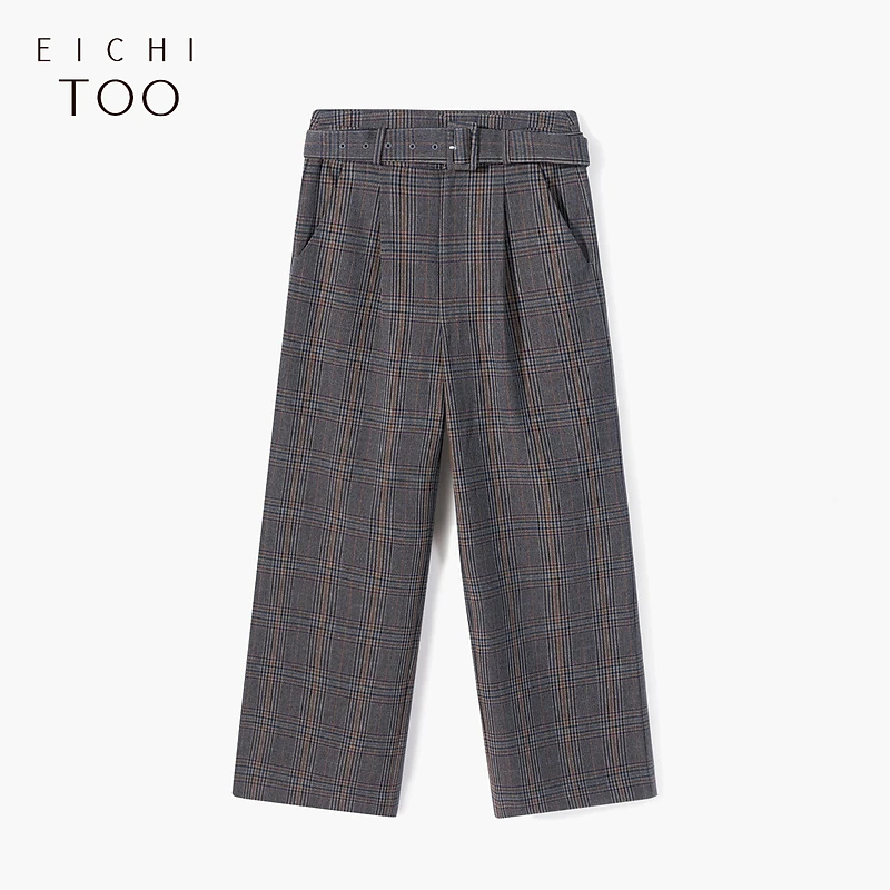 爱居兔本布腰带通勤格纹西装裤阔腿裤EKKTJ1MG03A