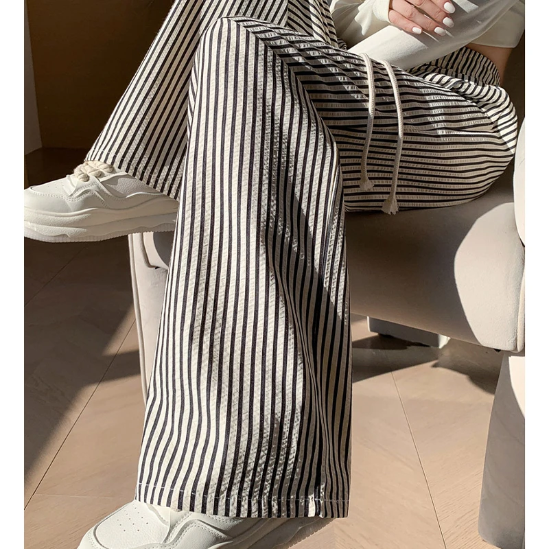 黑白撞色竖条纹薄款休闲裤宽松女松弛感懒人裤高腰显瘦阔腿裤子春