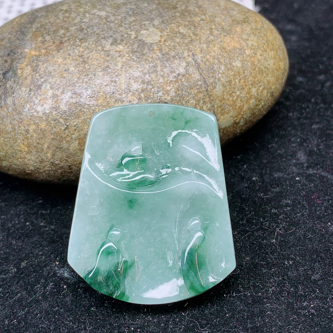 翡翠A货天然缅甸玉悟道吊坠#136精雕飘绿巧雕俏色