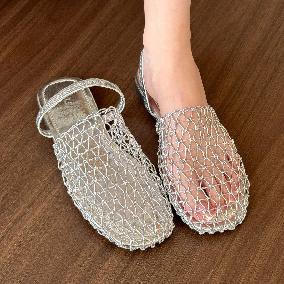 elingstudio 时髦度假！银色网鞋方头镂空平底鞋夏轻便网面凉拖鞋