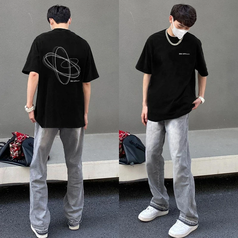 labzaa美式潮牌线条圆圈ins字母印花短袖t恤男女夏季休闲纯棉上衣