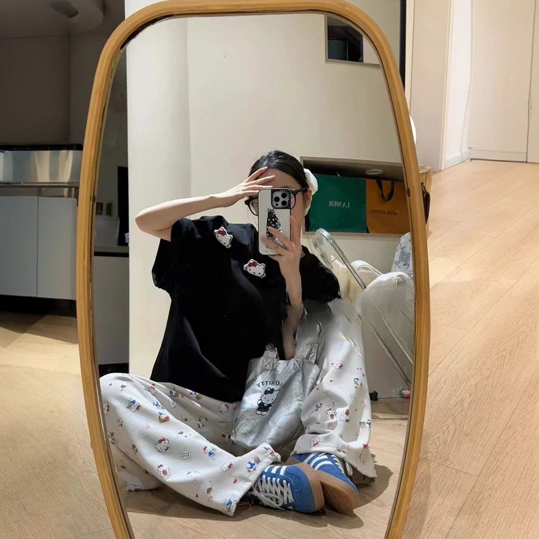 韩系纯色夏季款短袖KT猫别针慵懒风T恤套装印花冰丝长款阔腿裤套
