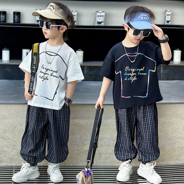 童装痞帅男童夏装套装2025新款儿童短袖T恤格子裤两件套男孩衣服