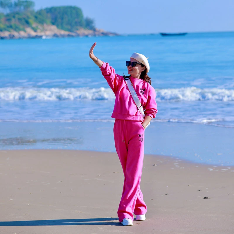 现货玫红色运动卫衣套装女新款粉色时尚休闲刺绣欧货两件套