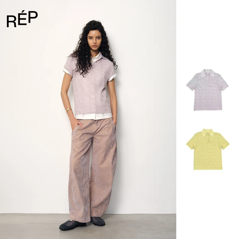 REP-JUNWEILIN设计师品牌镂空西部宝石扣镶嵌polo针织短袖 25PF