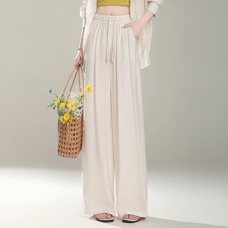 哥弟阿玛施正品亚麻阔腿裤女夏季2025新款松紧腰垂感休闲直筒裤子